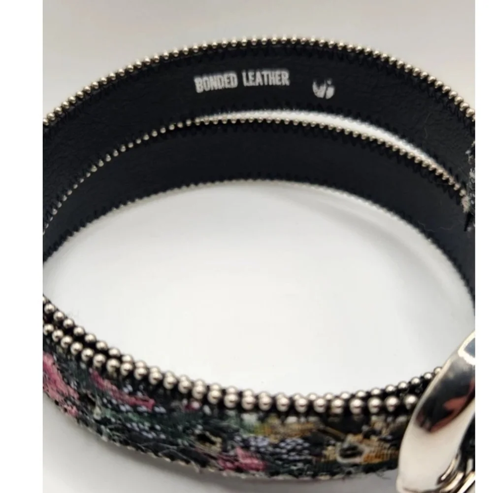 Floral Patterned Beaded, Sparkly Belt  Silver‎ Buckle, Bonded Leather, Y2K, Boho